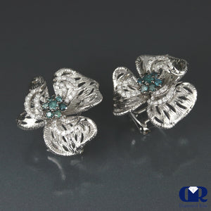 White & Blue Diamond Floral Earrings In 14K White Gold With Omega Back - Diamond Rise Jewelry