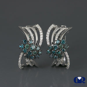 1.25 Ct White & Blue Diamond Earrings In 14K White Gold With Lever Back - Diamond Rise Jewelry