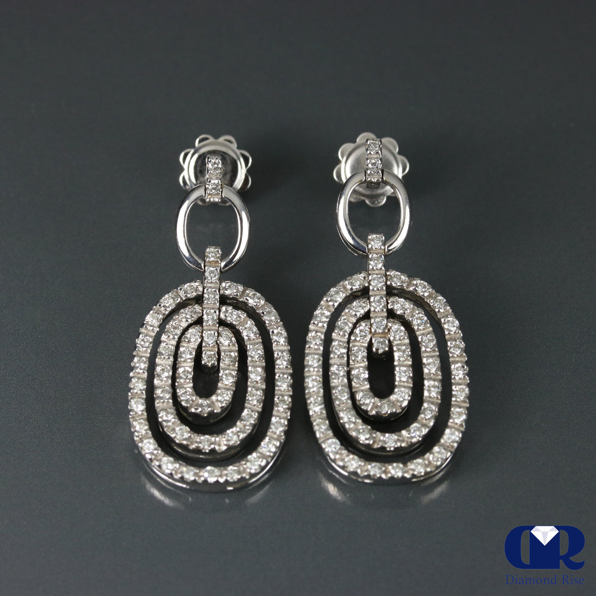 1.04 Ct Diamond Dangle Drop Earrings 18K White Gold With Post - Diamond Rise Jewelry
