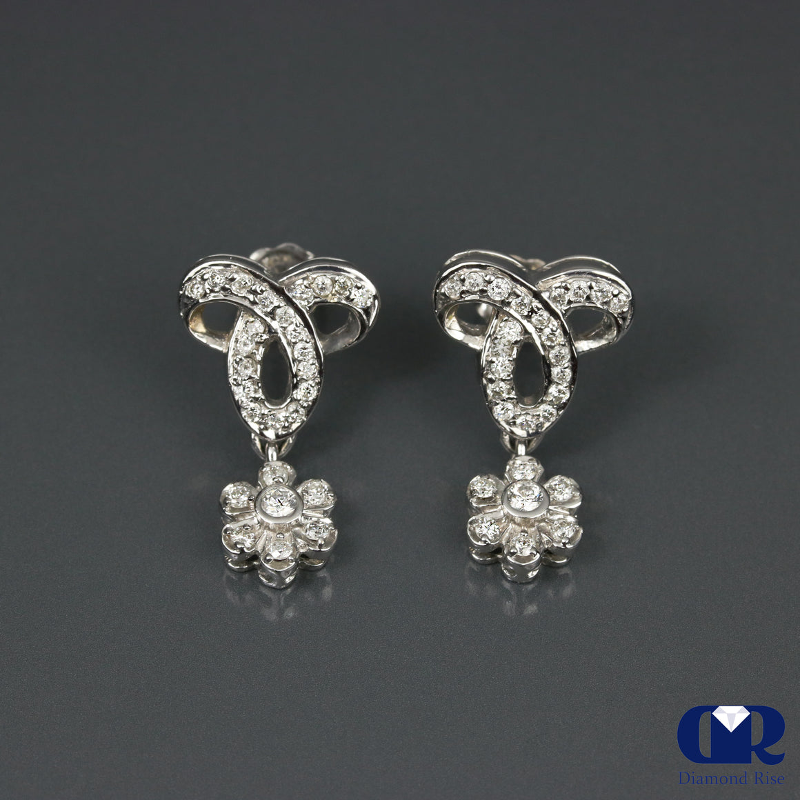 Round Cut Diamond Drop Earrings In 14K White Gold - Diamond Rise Jewelry