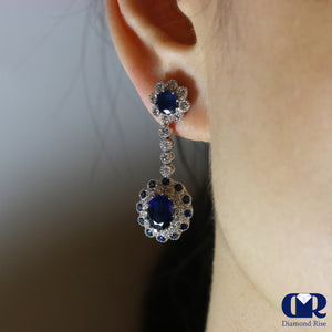 6.90 Ct Sapphire & Diamond Dangle Drop Earrings In 14K White Gold With Post - Diamond Rise Jewelry