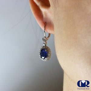 Natural Sapphire & Diamond Earrings 14K White Gold With Lever Back - Diamond Rise Jewelry