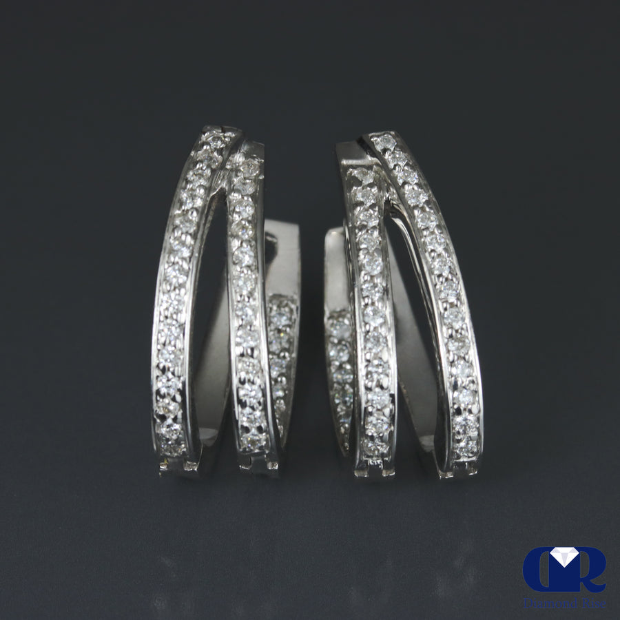 Women's Round Cut Diamond Double Row Inside-Out Hoop Earrings In 14K White Gold - Diamond Rise Jewelry