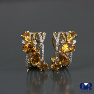 Diamond & Citrine Earrings In 14K Yellow Gold With Omega Back - Diamond Rise Jewelry
