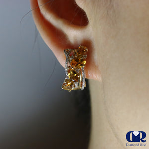 Diamond & Citrine Earrings In 14K Yellow Gold With Omega Back - Diamond Rise Jewelry