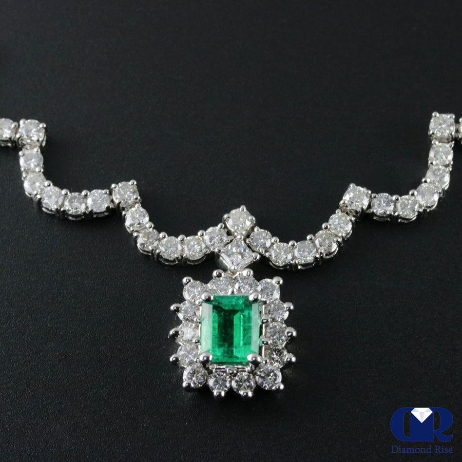 Columbia Emerald & Diamond Drop Pendant Necklace In 18K White Gold - Diamond Rise Jewelry
