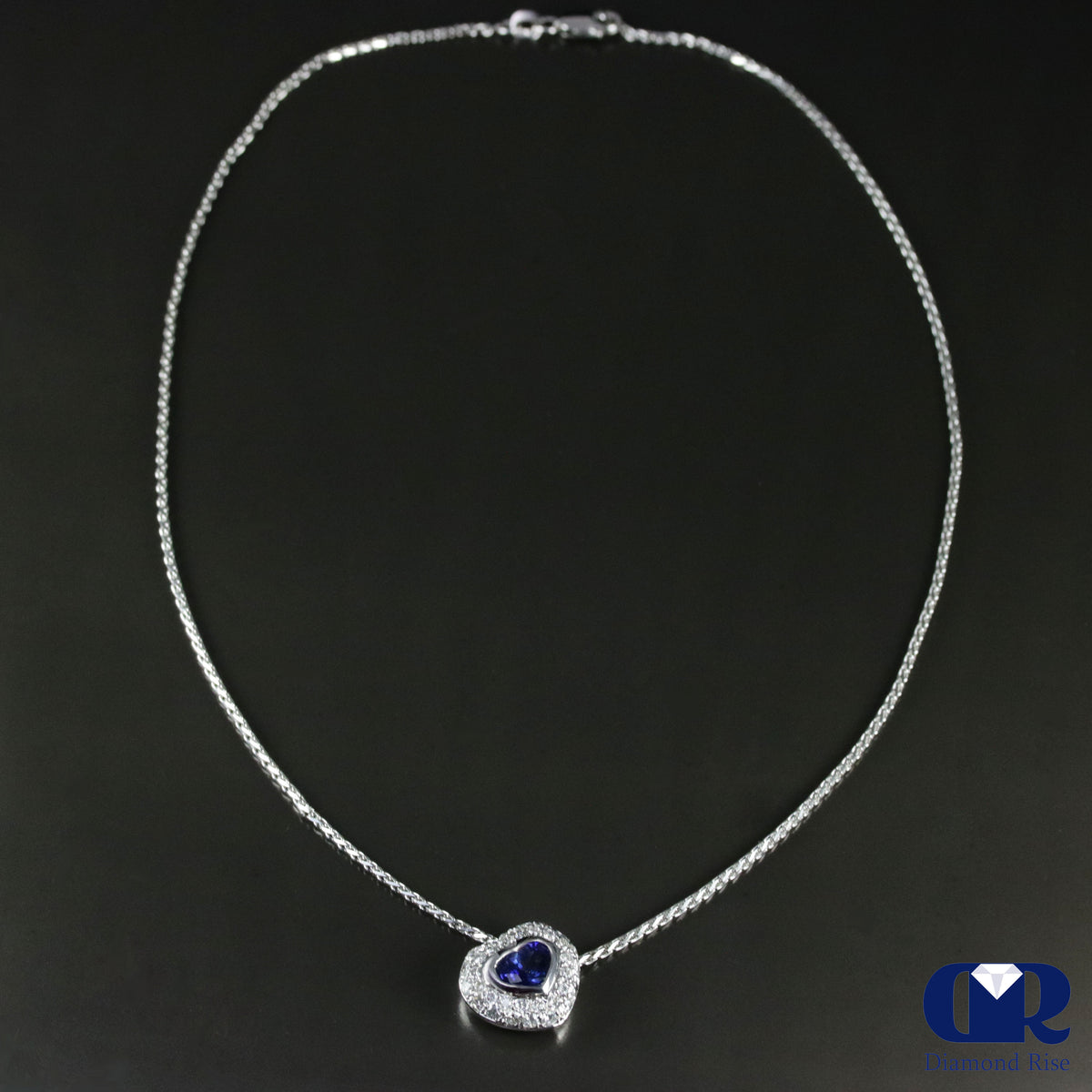 Heart Shaped Sapphire & Diamond Pendant Necklace In 14K White Gold