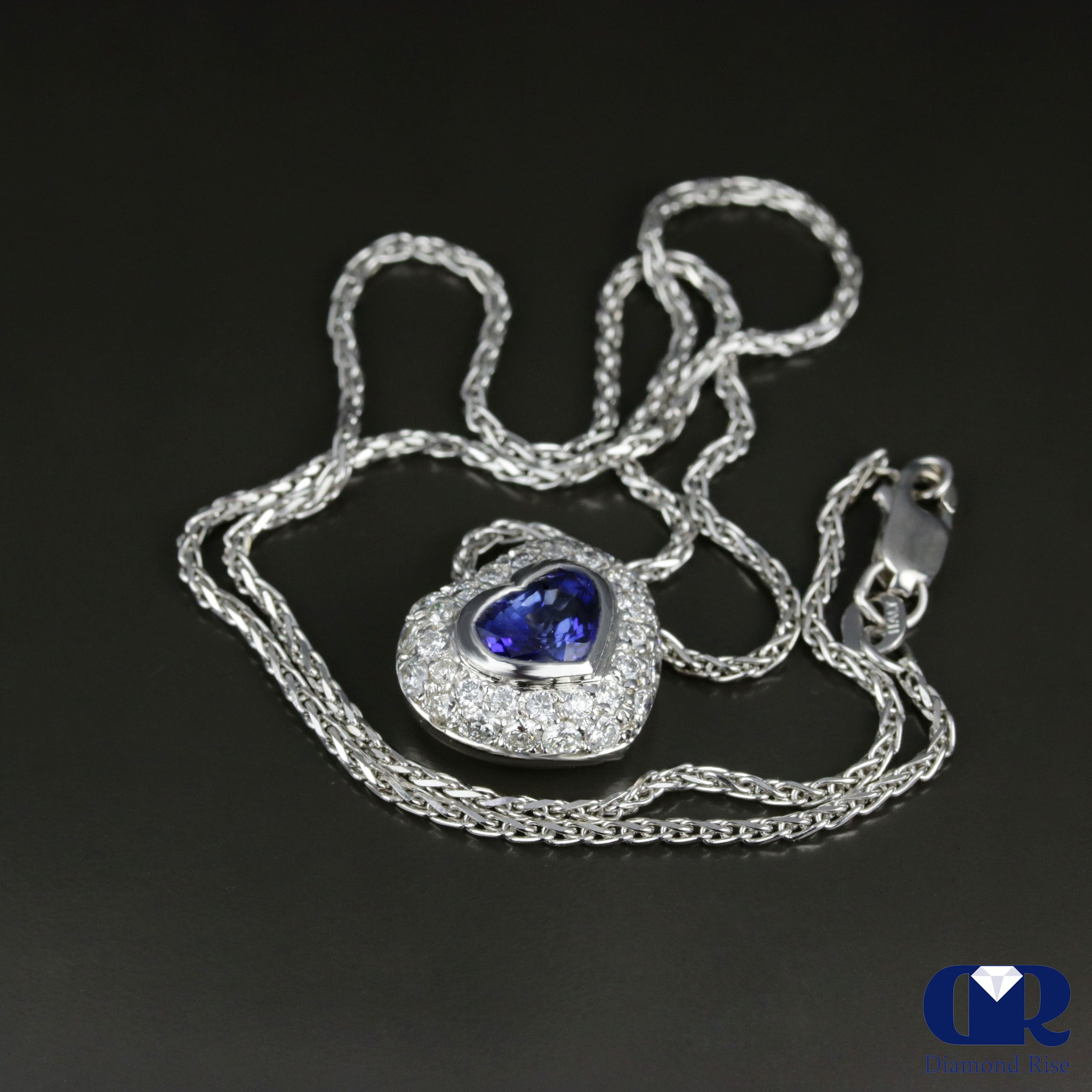Heart Shaped Sapphire & Diamond Pendant Necklace In 14K White Gold ...