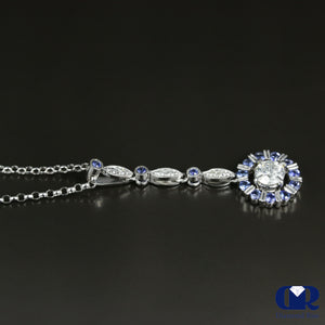 Diamond & Sapphire Drop Pendant Necklace In 18K White Gold 18" - Diamond Rise Jewelry