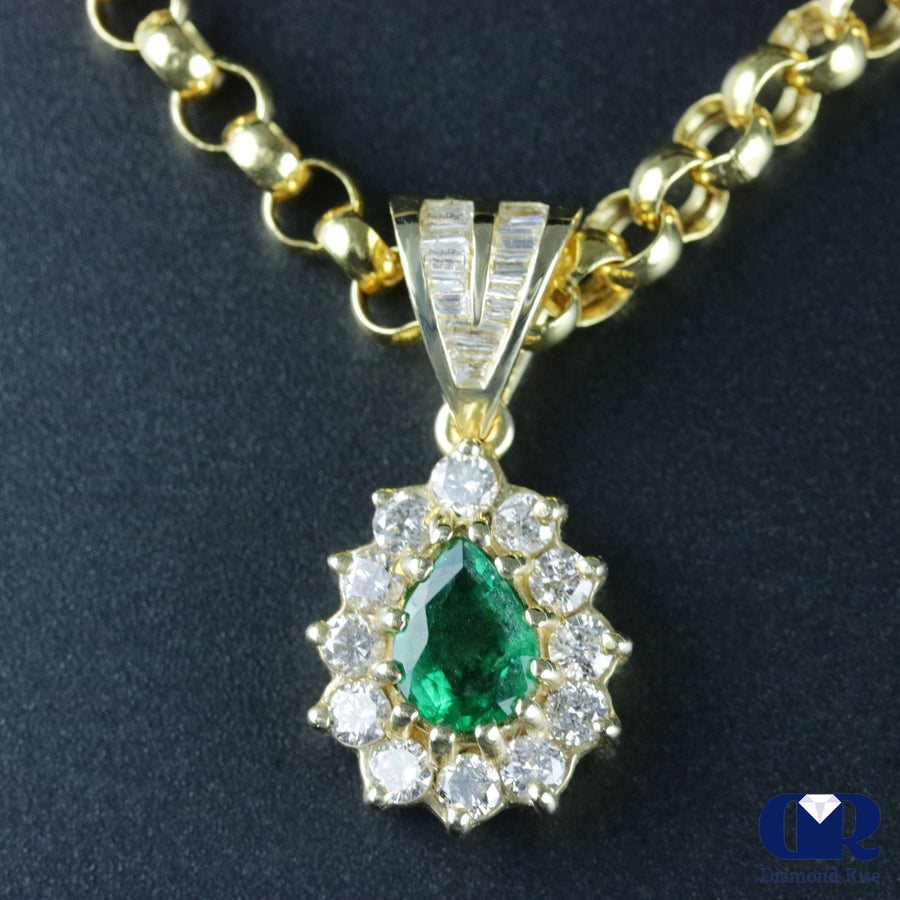 Pear Shaped Emerald & Diamond Drop Pendant Necklace In 14K Yellow Gold - Diamond Rise Jewelry