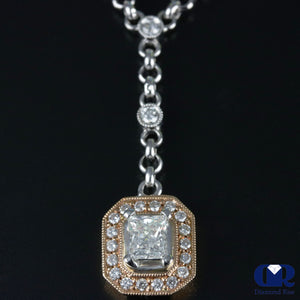 Princess Cut Diamond Halo Drop Pendant Necklace In 18K White & Rose Gold - Diamond Rise Jewelry