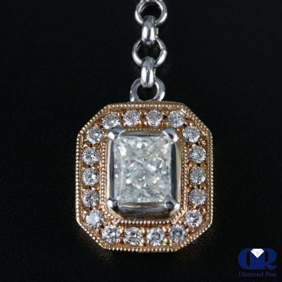 Princess Cut Diamond Halo Drop Pendant Necklace In 18K White & Rose Gold - Diamond Rise Jewelry