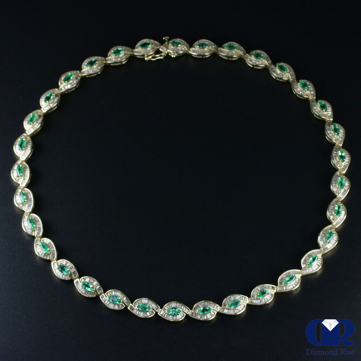 Marquise Emerald & Diamond Necklace In 14K Yellow Gold 16" - Diamond Rise Jewelry