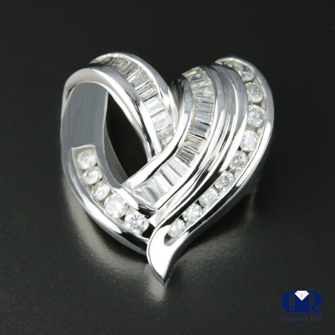 Women's Round & Baguette Diamond Heart Shaped Slide Pendant In 14K White Gold - Diamond Rise Jewelry