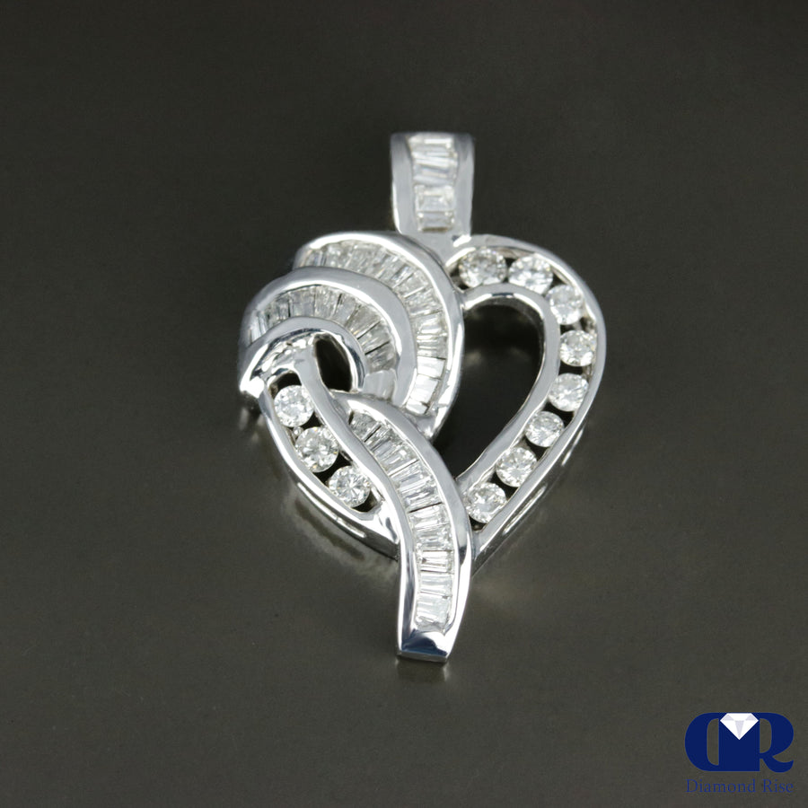 Natural Diamond Round & Baguette Heart Shaped Pendant Necklace 14KWG With Chain