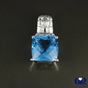 Cushion Cut Blue Topaz & Diamond Pendant In 14K Gold - Diamond Rise Jewelry