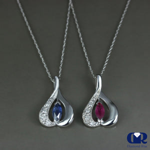 Diamond & Marquise Ruby Or Sapphire Pendant 14K Gold With 16" Chain - Diamond Rise Jewelry