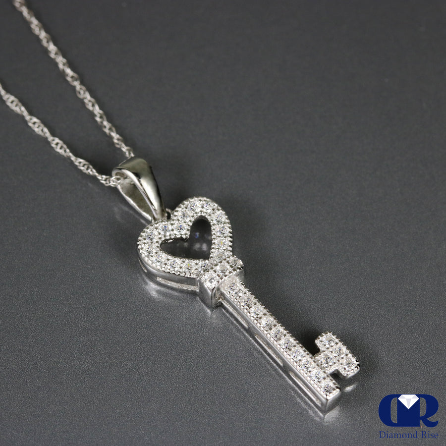 0.16 Ct Heart Shape Key Pendant Necklace 14K Gold With 16" Chain - Diamond Rise Jewelry