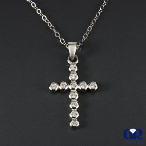 Petite Natural Diamond Cross Pendant Necklace 14K White Gold W/Chain