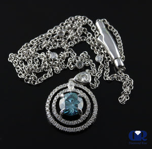 Round Cut Blue Diamond Double Halo Pendant Necklace In 18K White Gold - Diamond Rise Jewelry