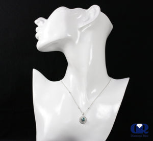 Round Cut Blue Diamond Double Halo Pendant Necklace In 18K White Gold - Diamond Rise Jewelry