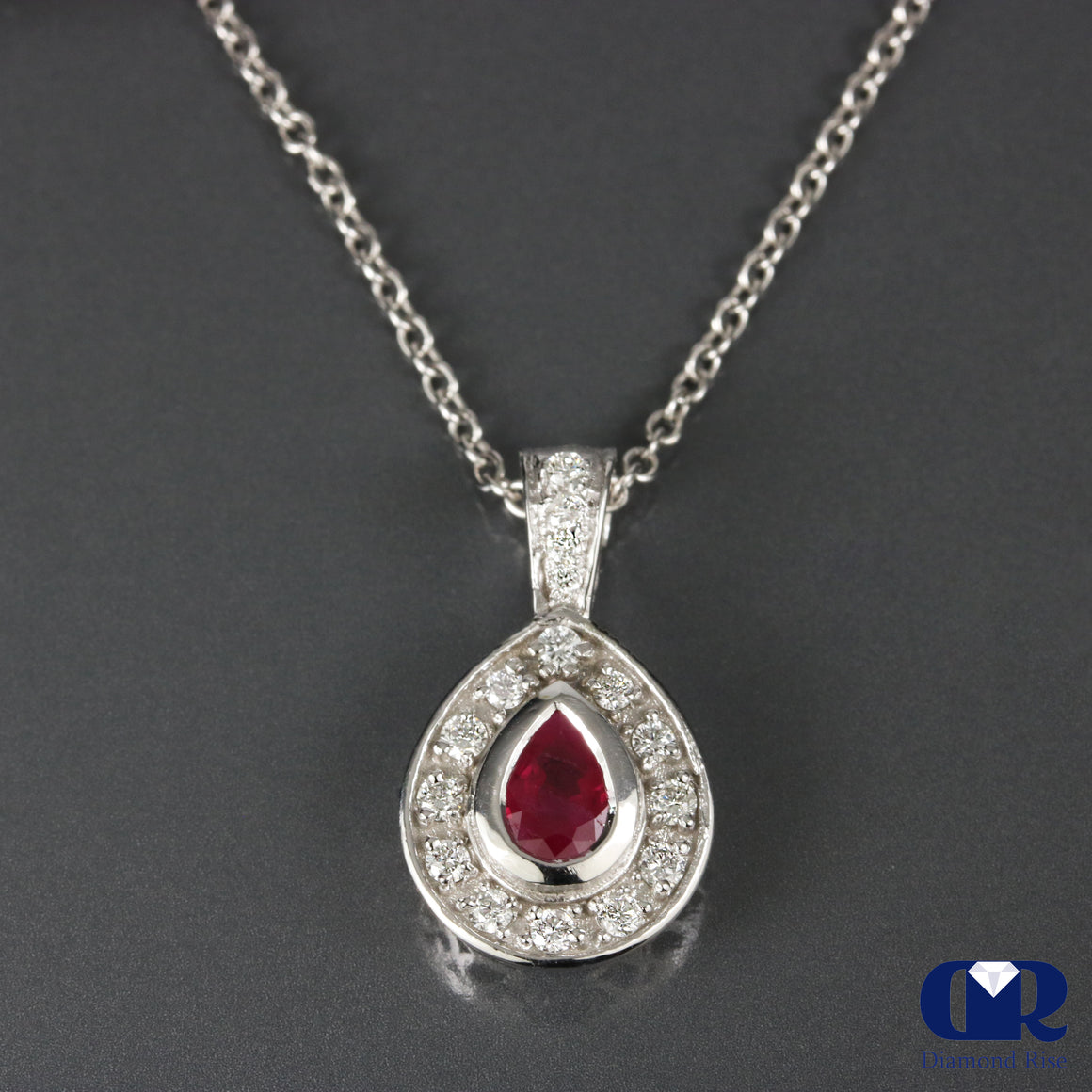 0.96 Carat Ruby & Diamond Pendant Necklace 14K White Gold W/Chain