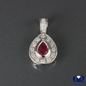 0.96 Carat Ruby & Diamond Pendant Necklace 14K White Gold W/Chain