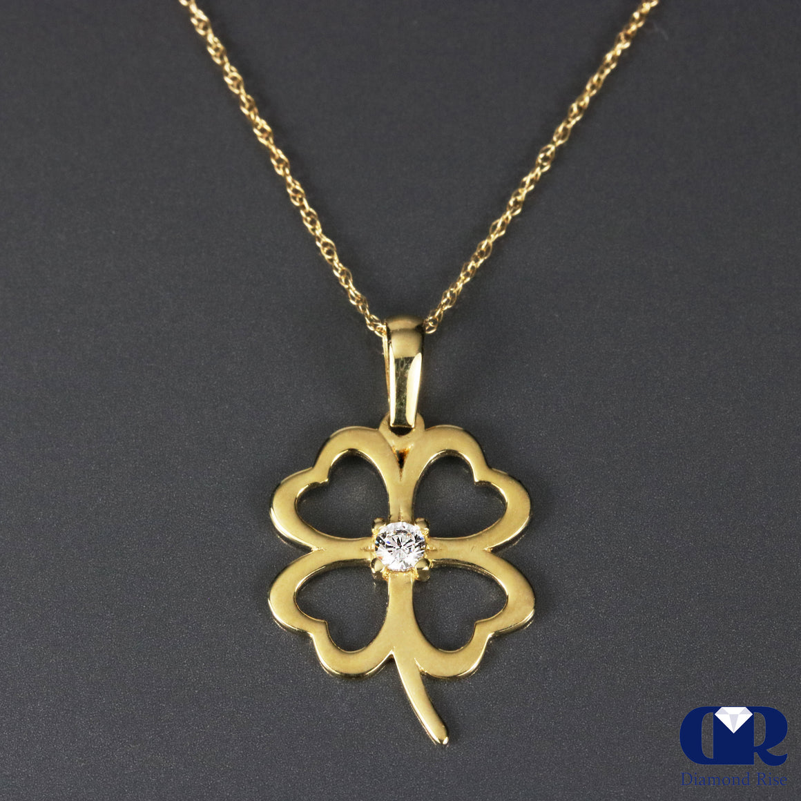 Diamond 14K Gold Floral Charm Pendant Necklace With 16" Chain
