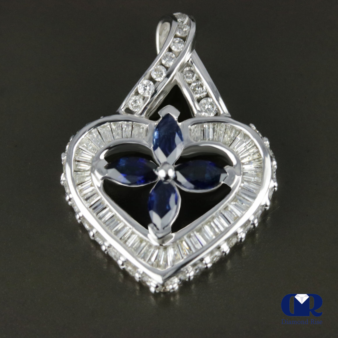 Women's Marquise Sapphire & Diamond Pendant Necklace In 14K White Gold - Diamond Rise Jewelry