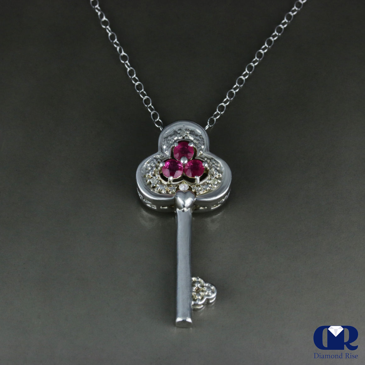 Ruby & Diamond Key Pendant Necklace In 14K Gold - Diamond Rise Jewelry