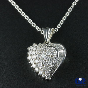 1.17 Carat Round & Baguette Diamond Heart Shaped Pendant 14K White Gold With 16" Chain - Diamond Rise Jewelry