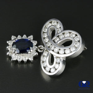 Women's Vintage Oval Sapphire & Diamond Slide Pendant Necklace In 14K White Gold - Diamond Rise Jewelry