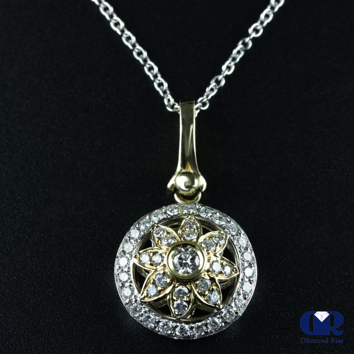 Natural 0.85 Ct Round Diamond Pendant Necklace 14K White & Yellow Gold W/16" Chain - Diamond Rise Jewelry