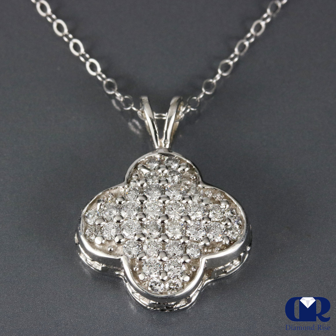 1.00 Ct Round Cut Diamond Floral Pendant Necklace 14K White Gold With 16" Chain