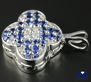 Women's Round Cut Diamond & Sapphire Plum Blossom Shaped Pendant Necklace 14K White Gold - Diamond Rise Jewelry
