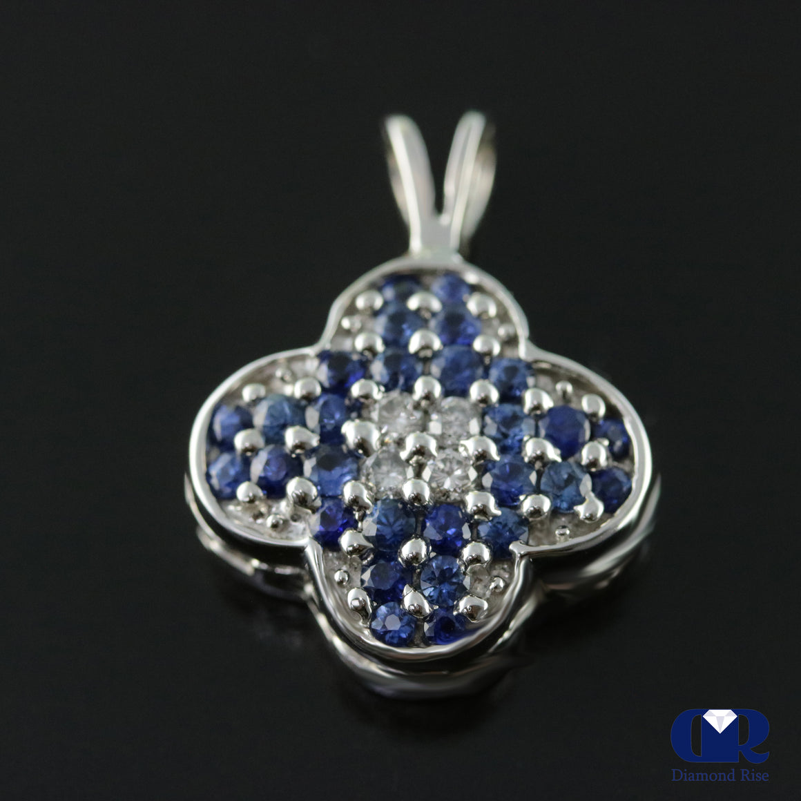 Women's Round Cut Diamond & Sapphire Plum Blossom Shaped Pendant Necklace 14K White Gold - Diamond Rise Jewelry