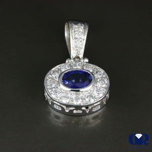 1.12 Carat Sapphire & Round Diamond Pendant Necklace 14K White Gold 16" Chain - Diamond Rise Jewelry