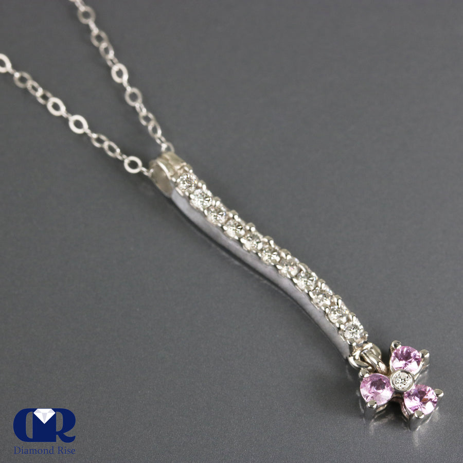 Natural 0.75 Ct Round Diamond & Pink Sapphire Pendant Necklace 14K Gold W/16" Chain - Diamond Rise Jewelry