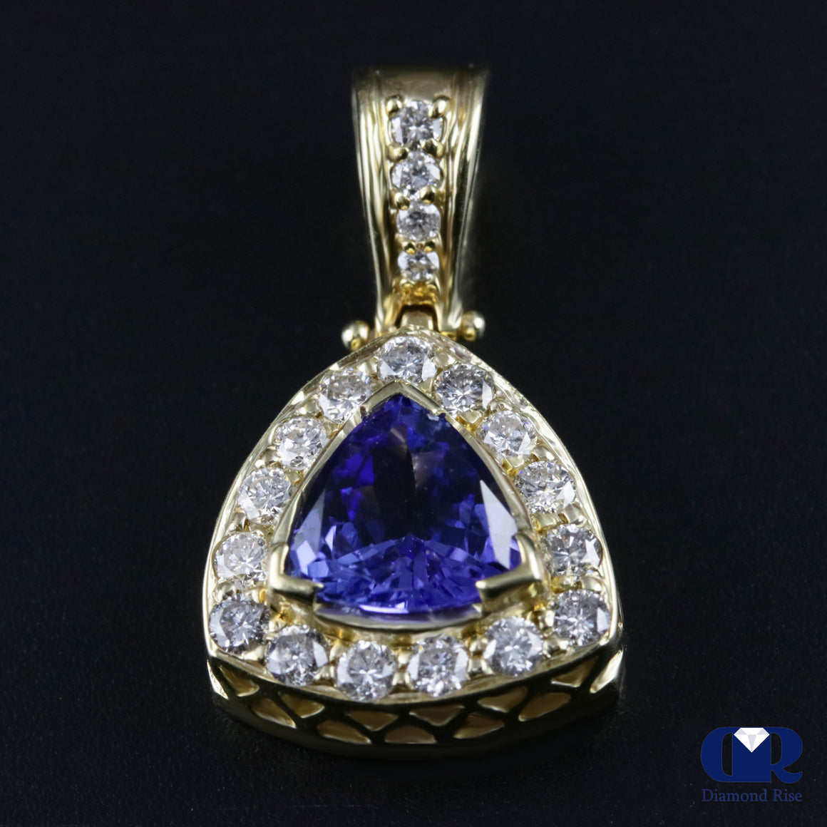 Natural Trillion Tanzanite & Round Diamond Pendant Necklace In 14K Yellow Gold - Diamond Rise Jewelry
