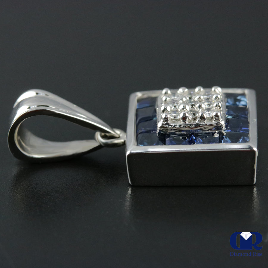 Women's Diamond & Sapphire Square Shaped Pendant Necklace In 14K White Gold - Diamond Rise Jewelry