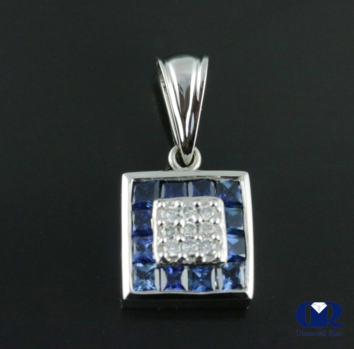 Women's Diamond & Sapphire Square Shaped Pendant Necklace In 14K White Gold - Diamond Rise Jewelry