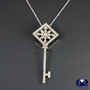 0.72 Carat Round Cut Diamond Key Pendant Necklace 14K White Gold 16" Chain - Diamond Rise Jewelry