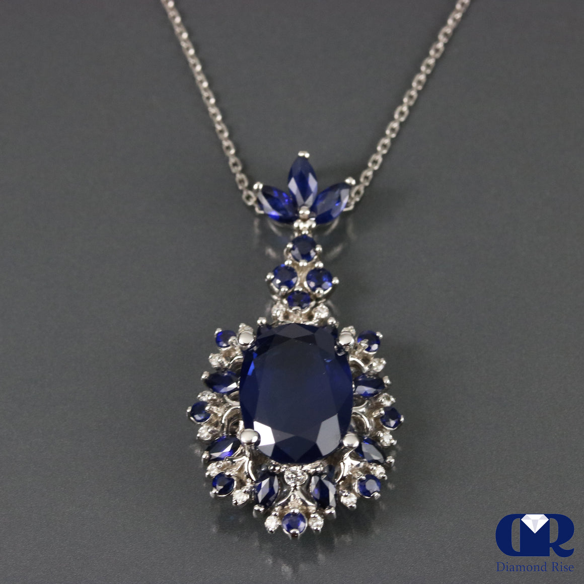 7.45 Ct Natural Oval Sapphire Pendant In 14K White Gold With 16" Chain - Diamond Rise Jewelry
