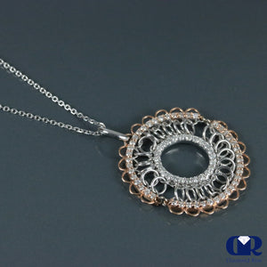 Round Cut Diamond Pendant In 14K White & Rose Gold With 18" Chain - Diamond Rise Jewelry