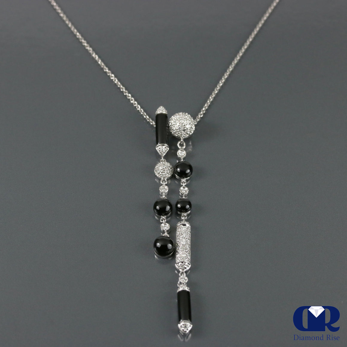 Diamond & Onyx Pendant Necklace In 18K White Gold With 16" Chain - Diamond Rise Jewelry