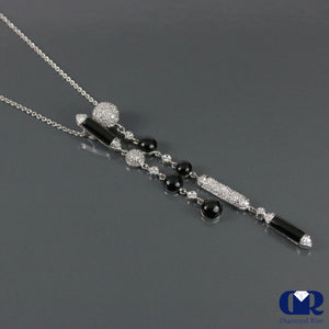 Diamond & Onyx Pendant Necklace In 18K White Gold With 16" Chain - Diamond Rise Jewelry