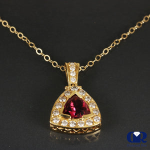 Natural Pink Trillion Tourmaline & Diamond Pendant Necklace In 14K Yellow Gold