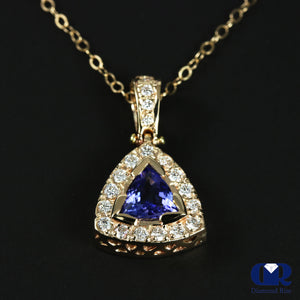 Natural 1.42 Ct Trillion Tanzanite & Round Diamond Pendant Necklace 14KYG