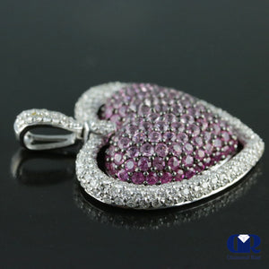 Women's Large Double Heart Diamond & Pink Sapphire Pendant Necklace In 18K White Gold - Diamond Rise Jewelry