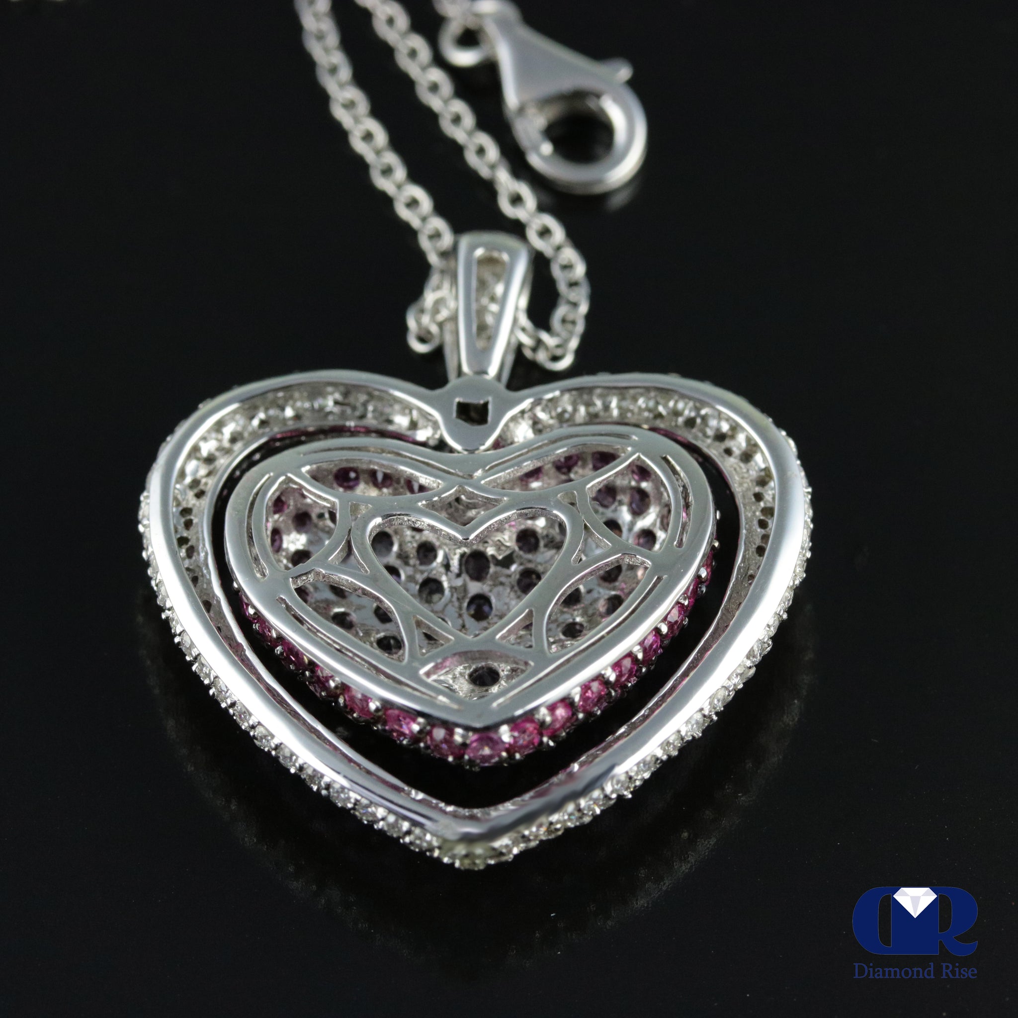 Women's Large Double Heart Diamond & Pink Sapphire Pendant Necklace In ...